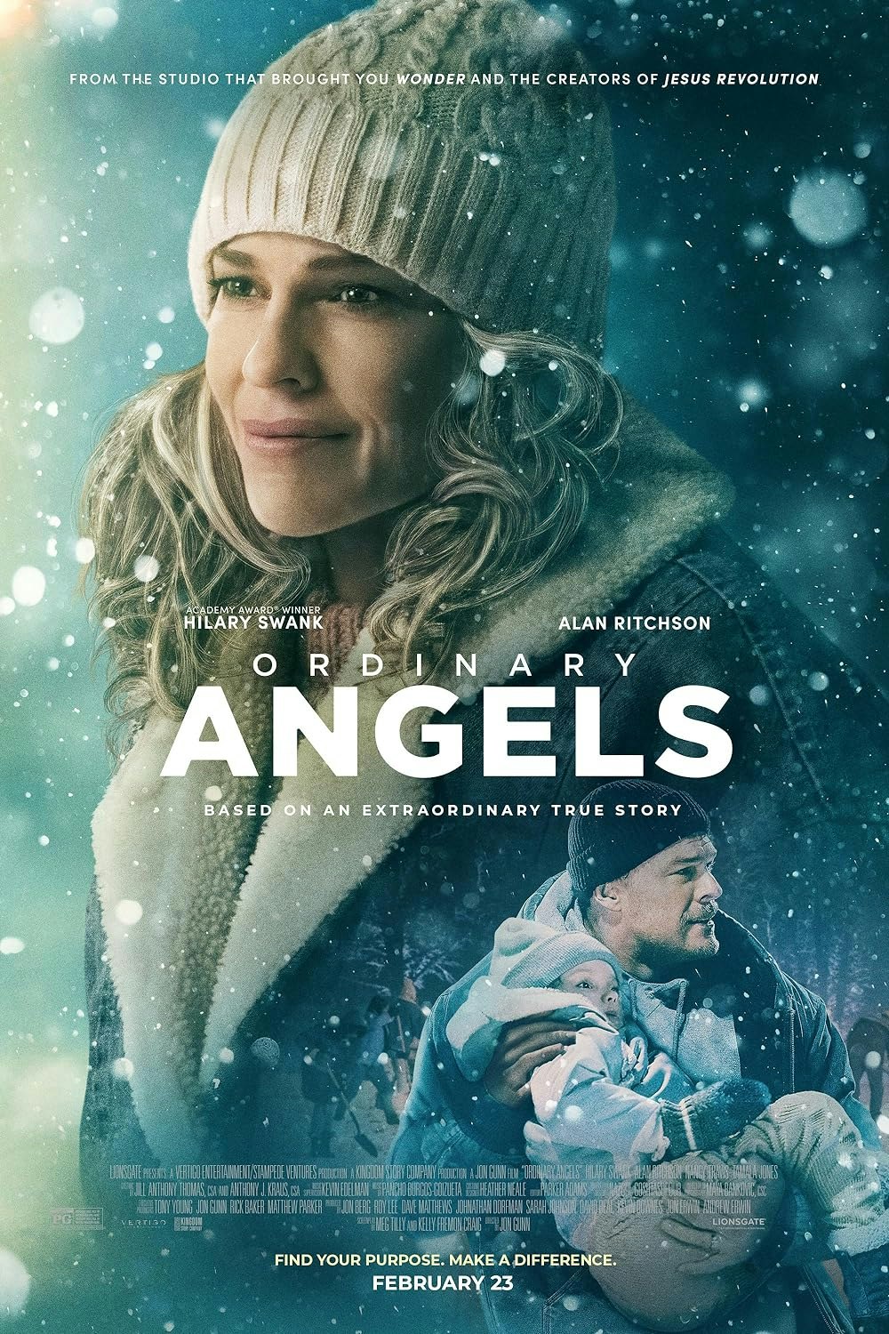 Movie poster for "Ordinary Angels," featuring Hilary Swank, Alan Ritchson, and narratives of warmth, compassion, and snow.