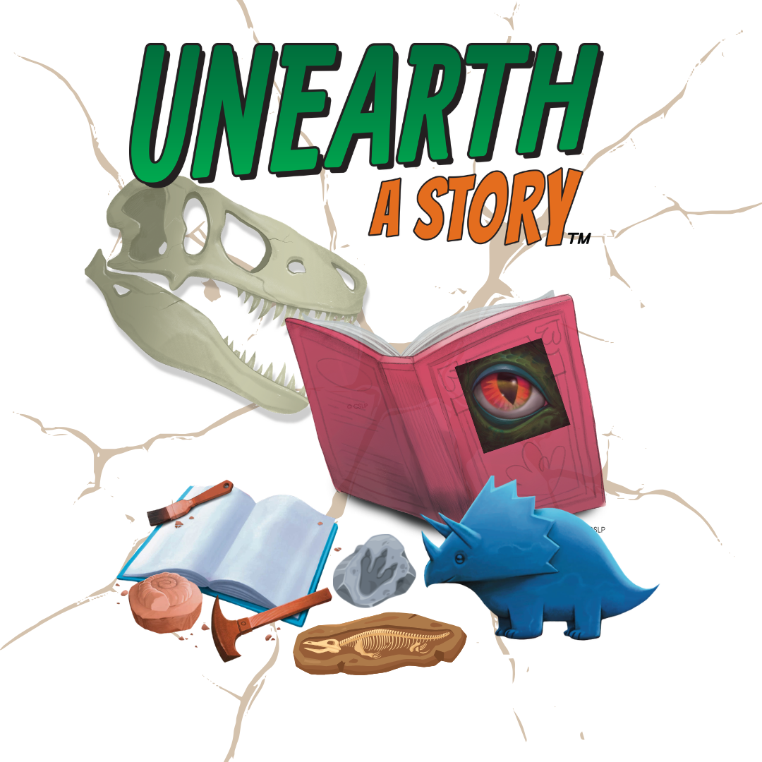 The image depicts a dinosaur skull, a book, fossils, and excavation tools, suggesting a theme of paleontology and storytelling.