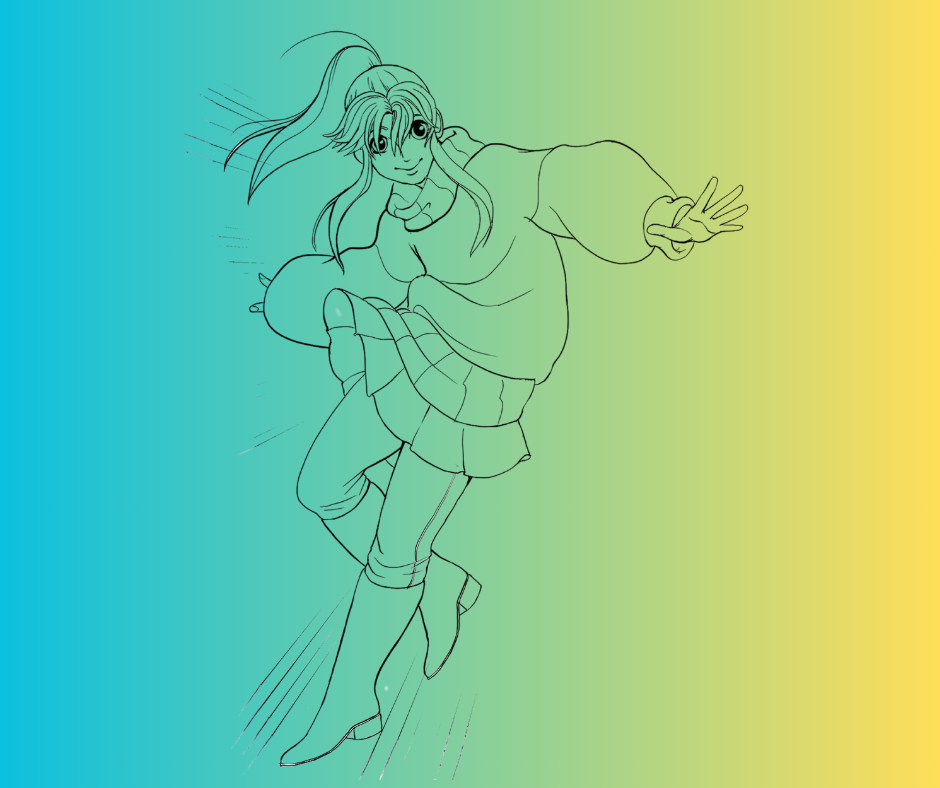An anime-style character in a dynamic pose with flowing hair, wearing a sweater and skirt, on a gradient blue to yellow background.