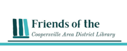 A logo with the text "Friends of the Coopersville Area District Library" and a stylized book design.