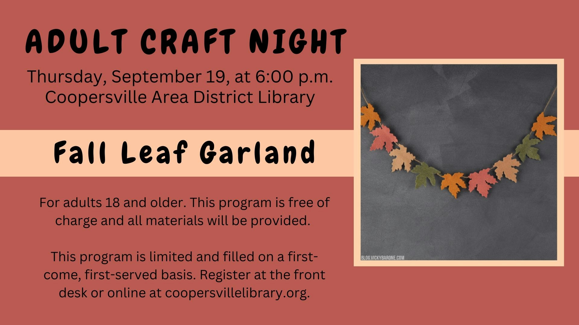 An ad for Adult Craft Night at Coopersville Area District Library to make a fall leaf garland, free, materials provided, registration required.
