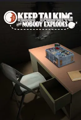 The image features a table and chair with a bomb defusal kit on the desk, referencing the game "Keep Talking and Nobody Explodes."