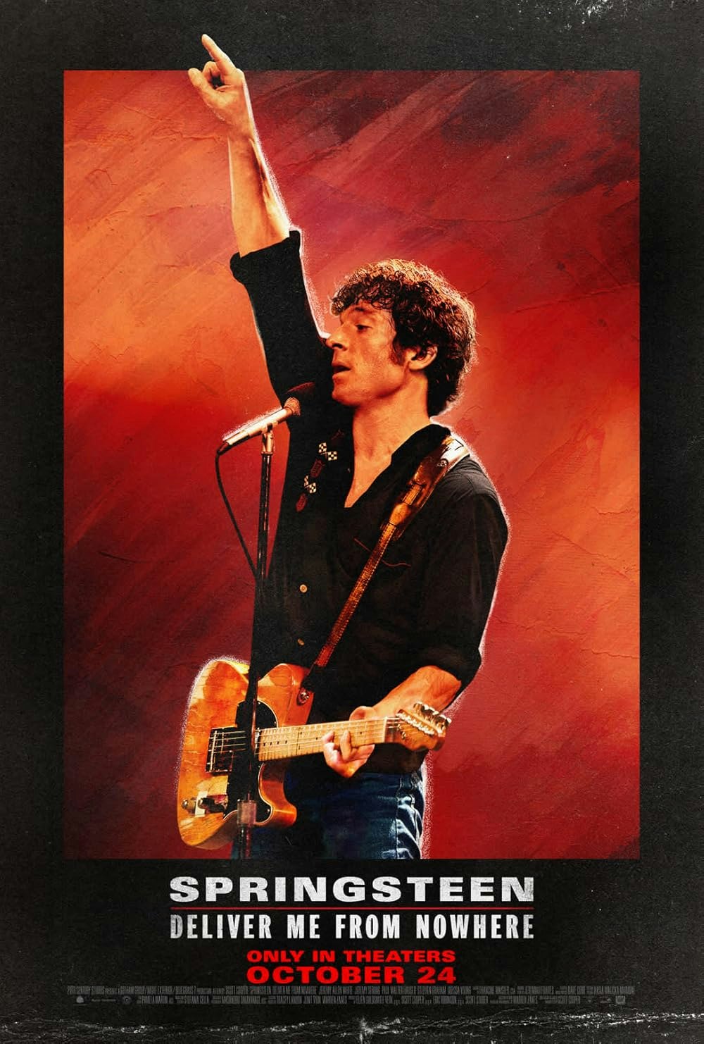 A dynamic poster for a film titled "Springsteen: Deliver Me From Nowhere," featuring a performer with a guitar, releasing on October 24.