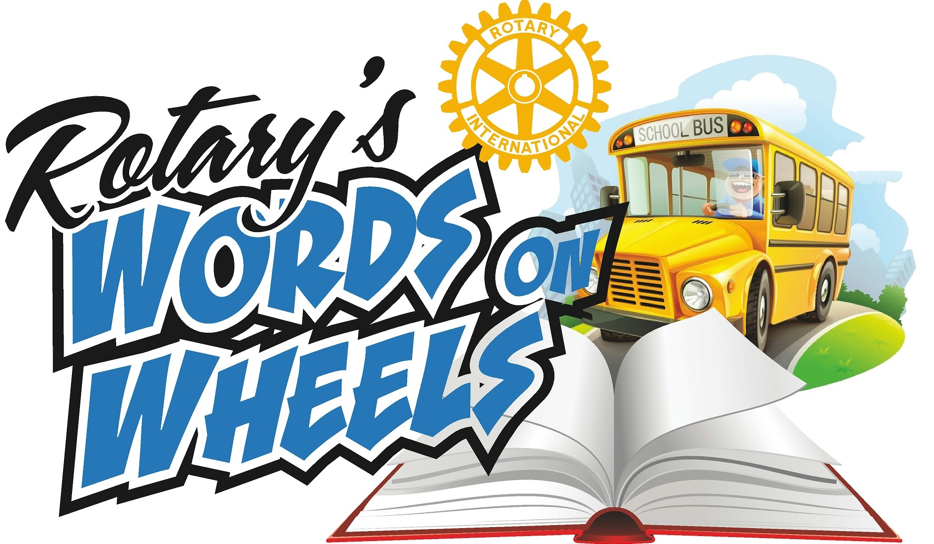 Rotary's "Words on Wheels" logo featuring a yellow school bus, an open book, and the Rotary International emblem.