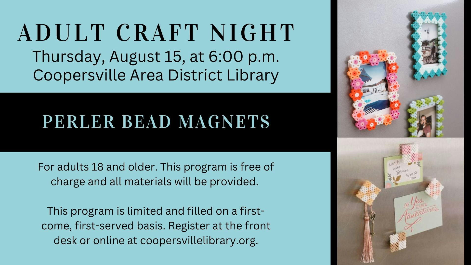 An advert for Adult Craft Night featuring Perler bead magnets at Coopersville Area District Library.