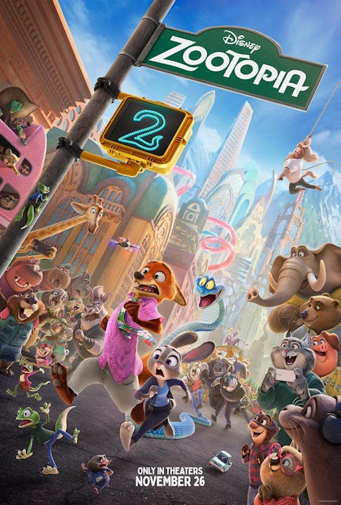 The image is a colorful poster for Disney's "Zootopia," featuring various animated animals in a bustling city setting.