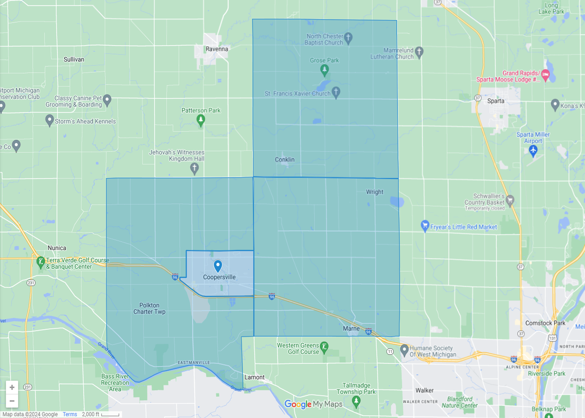 Map of Library Service Area: City of Coopersville, Polkton Township, Wright Township, Chester Township