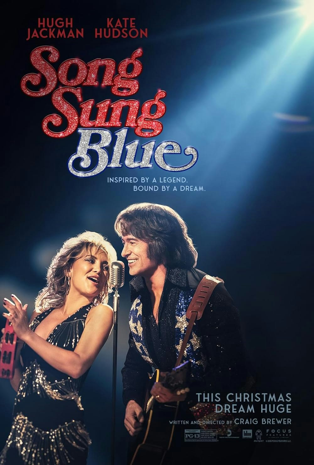 The image is a movie poster for "Song Sung Blue," featuring Hugh Jackman and Kate Hudson, highlighting music and dreams.