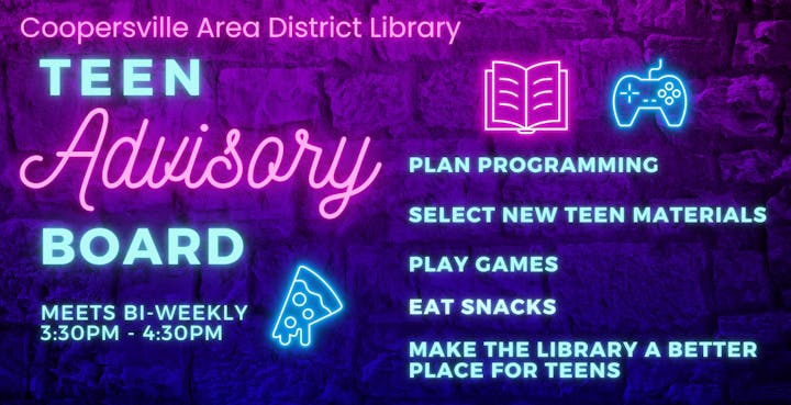 Promotional image for a library's Teen Advisory Board, highlighting activities like planning, gaming, and snacking. Meets bi-weekly.