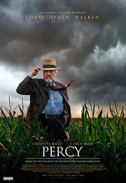 The image is a movie poster for "Percy," featuring Christopher Walken in a field of corn, highlighting a story of fighting corruption.
