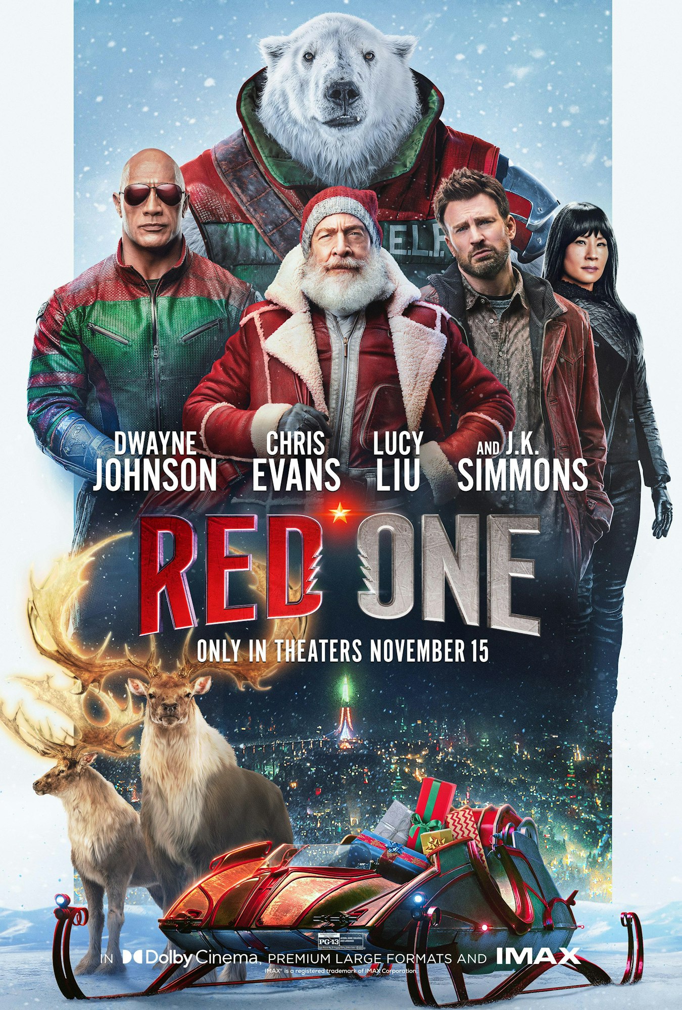 Movie poster for "Red One" with actors, a polar bear, reindeer, sleigh, and Christmas theme. In theaters November 15.
