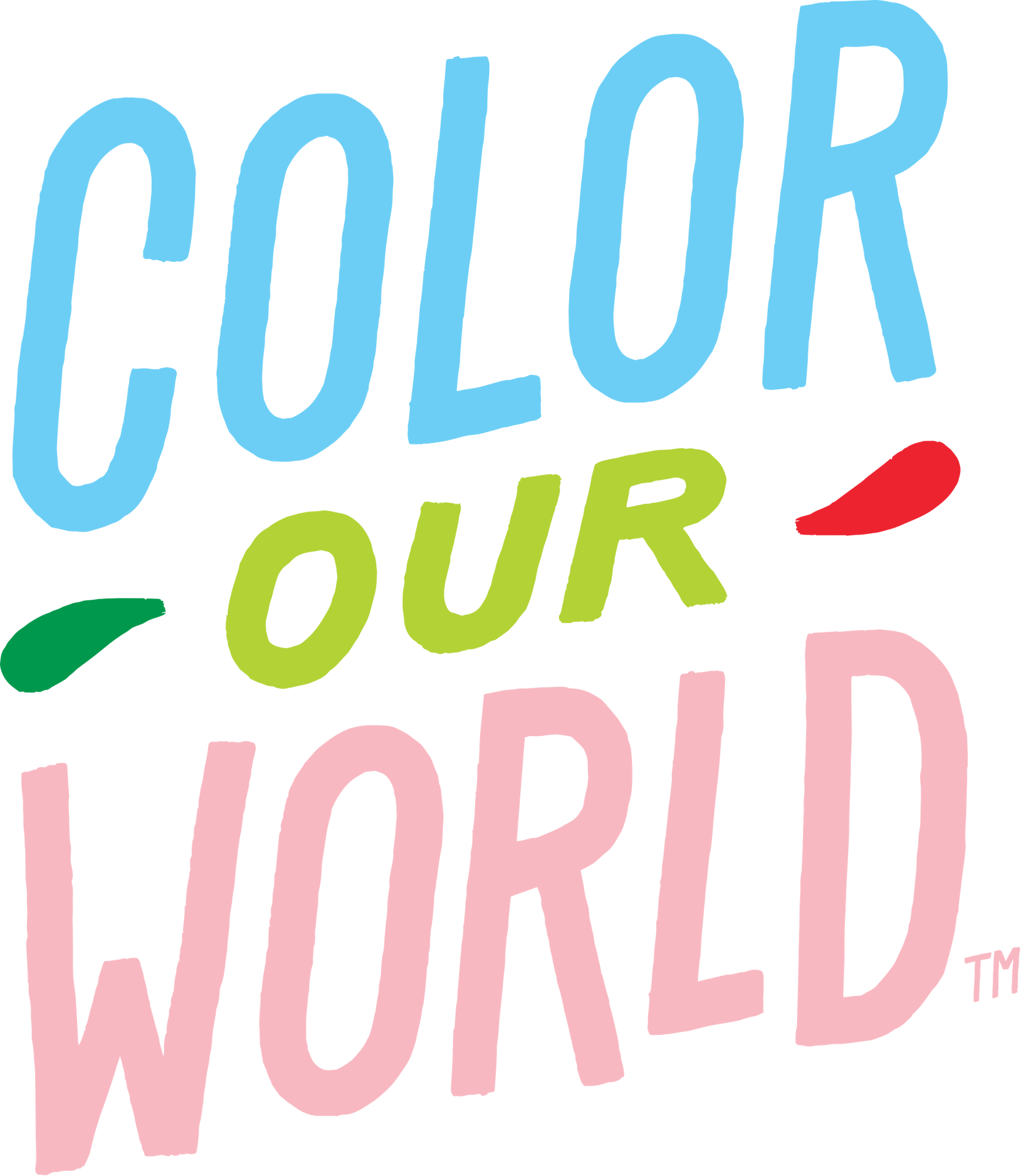 Text saying "COLOR OUR WORLD" in colorful letters with green and red accents.