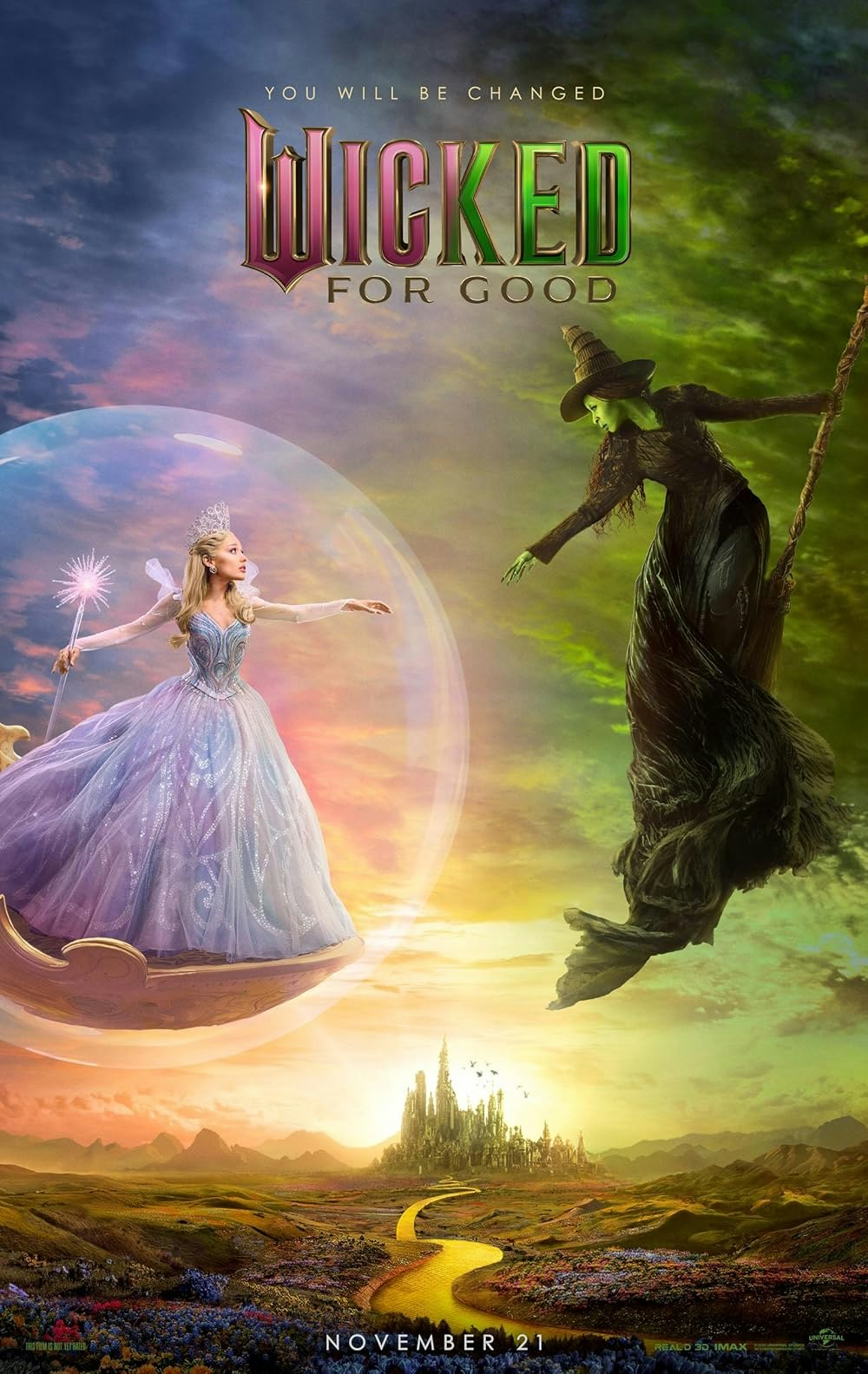 A movie poster for "Wicked," featuring two contrasting witches, with a vibrant magical landscape and release date of November 21.