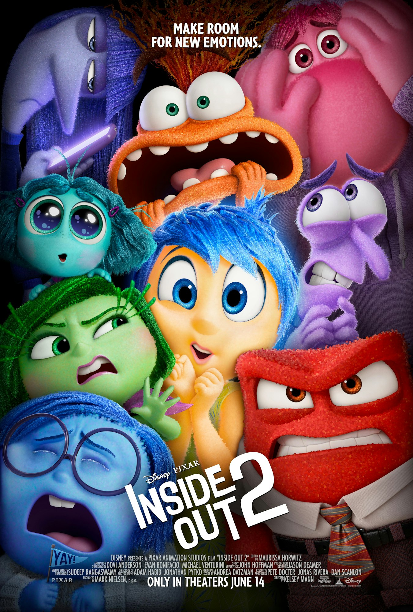 Movie poster for "Inside Out 2," featuring colorful, animated emotion characters. Text: "Make room for new emotions. Only in theaters June 14."