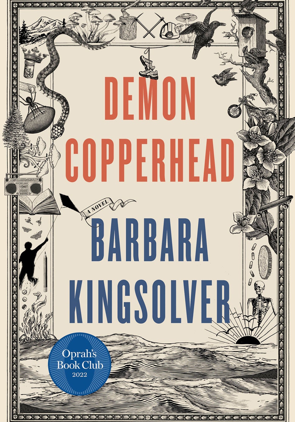 The image features the book cover of "Demon Copperhead" by Barbara Kingsolver, highlighted as part of Oprah's Book Club 2022.