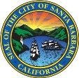 Seal of Santa Barbara, CA: depicts mountains, ocean, boats, and a figure, with "Seal of the City of Santa Barbara, California" text.