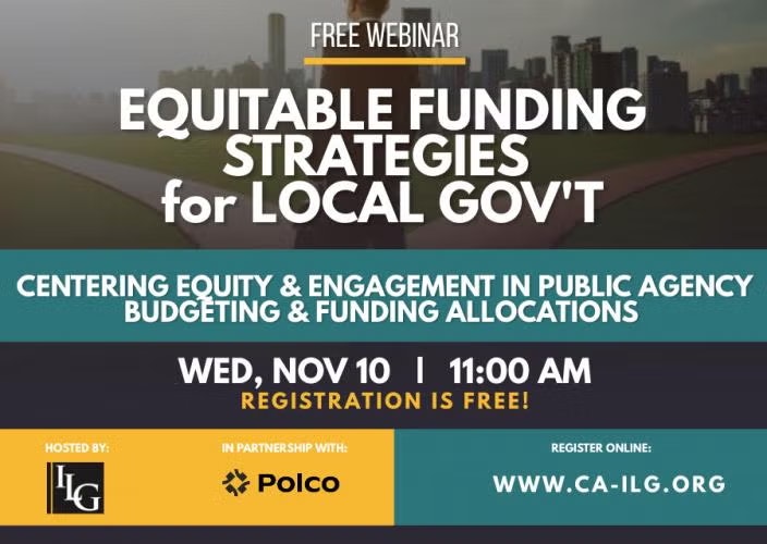 Free webinar on equitable funding strategies for local government, focusing on equity in budgeting. Registration info included.