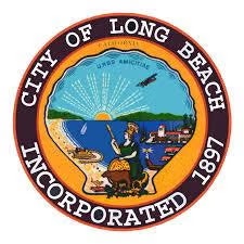 Seal of Long Beach, California; features landscape, woman, anchor, boat, and "Incorporated 1897."