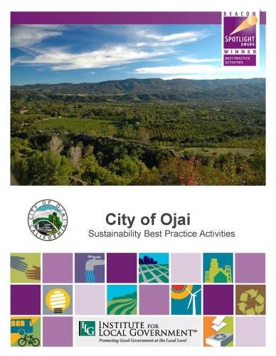 Scenic landscape, "City of Ojai" text, and sustainability-themed icons with a "Spotlight Award Winner" mention.