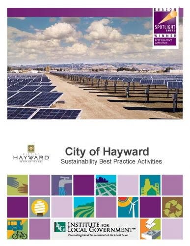 Cover for "City of Hayward: Sustainability Best Practice Activities" with a solar farm image and award logos.