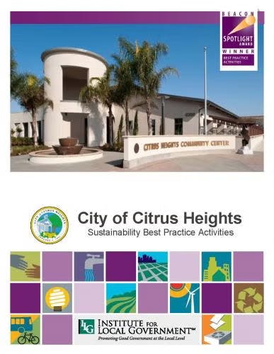 Citrus Heights Community Center image, city seal, Institute for Local Government logo, and colorful icons, promoting sustainability practices.