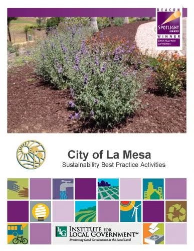 Image of a garden with a "City of La Mesa" sustainability theme, featuring logos and colorful icons related to best practice activities.
