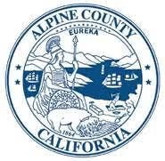 Seal of Alpine County, California, featuring a woman with a spear, sailing ships, mountains, and a bear with "Eureka" above.