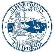 Seal of Alpine County, California, featuring a woman with a spear, sailing ships, mountains, and a bear with "Eureka" above.