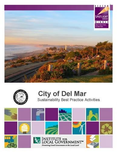 Image of a coastal landscape, text reads "City of Del Mar: Sustainability Best Practice Activities" by Institute for Local Government.