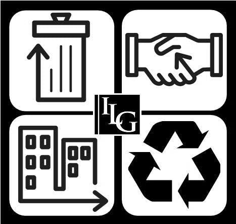 Icons of a trash can, handshake, building, and recycling symbol, with the letters "IIG" in the center.