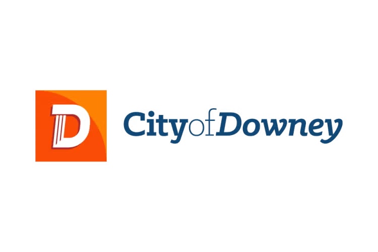 Logo with an orange square and a white "D" next to the text "City of Downey."
