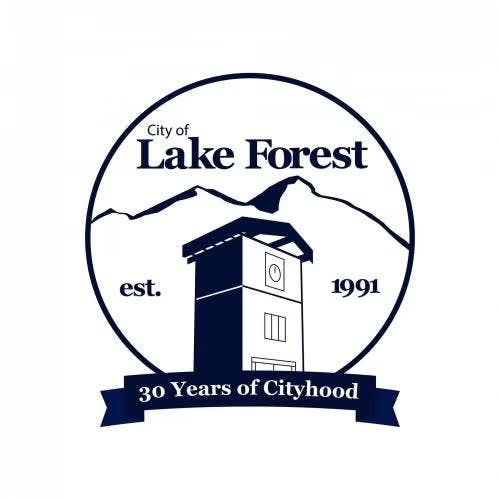 Logo for Lake Forest celebrating 30 years of cityhood, featuring a building and mountains, established in 1991.