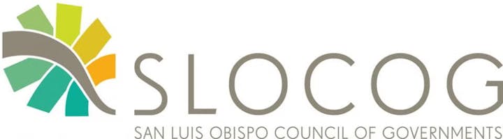 Logo for SLOCOG, San Luis Obispo Council of Governments, with stylized road and sunburst design.