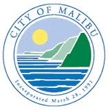 Seal of the City of Malibu featuring sun, ocean, green hills, and text.