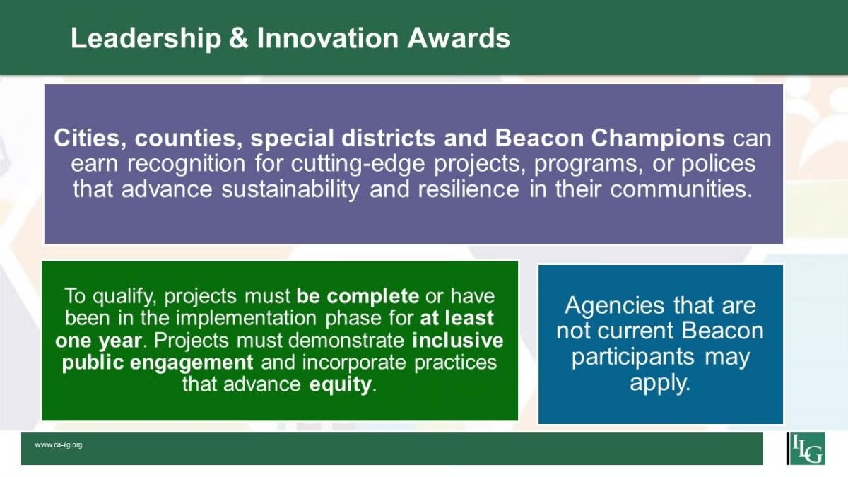 Leadership & Innovation Awards for sustainability projects. Criteria: completed or 1-year in progress, public engagement, equity.