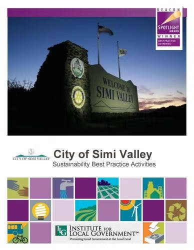 "Welcome to Simi Valley" sign, City of Simi Valley sustainability publication, Institute for Local Government logo.