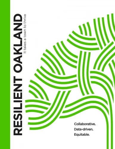 Text "Resilient Oakland" with a green tree-like pattern.