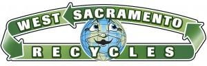 A smiling Earth with eyes, surrounded by green arrows, and the text "West Sacramento Recycles."