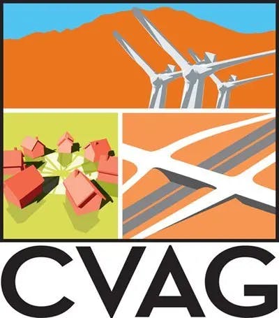 Stylized wind turbines, roads, and houses with the text "CVAG" below.