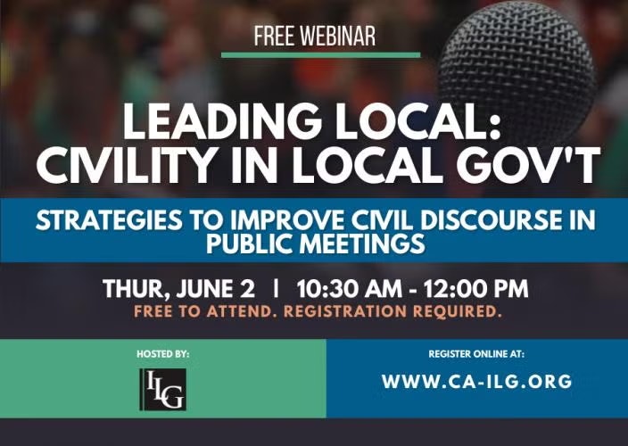 Free webinar on civility in local government, offering strategies to improve civil discourse. Scheduled for June 2, 10:30 AM - 12 PM.