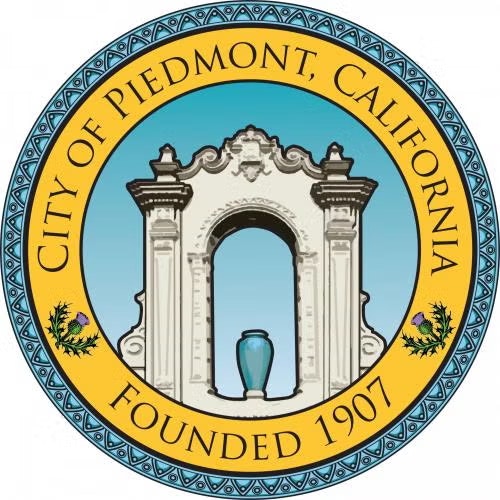 Seal of Piedmont, California, featuring an ornate archway, a blue vase, and text "Founded 1907."