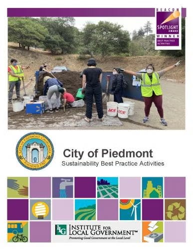 People participating in sustainability activities in Piedmont; includes logos and award mentions.