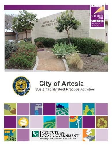 City of Artesia's sustainability award from Institute for Local Government, featuring a community center image.