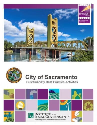 Tower Bridge over a river, City of Sacramento sustainability practices, award badge, and Institute for Local Government logo.