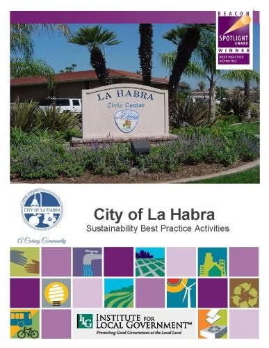 City of La Habra sustainability best practices cover, featuring the civic center sign and colorful icon grid.