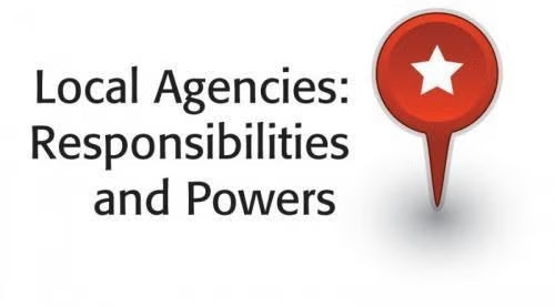 Text: "Local Agencies: Responsibilities and Powers" with a red map pin and white star icon.