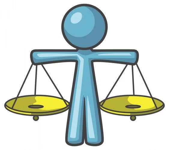A blue figure holding two yellow scales, resembling a person balancing justice.