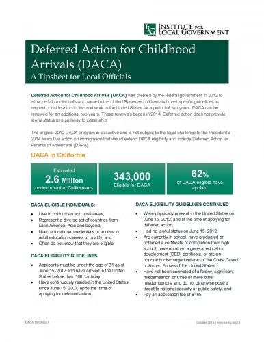 DACA tipsheet for local officials, detailing eligibility, statistics, and guidelines about Deferred Action for Childhood Arrivals in California.