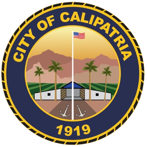 The image features the seal of Calipatria, California, depicting a landscape with mountains, palm trees, and anchors, established in 1919.