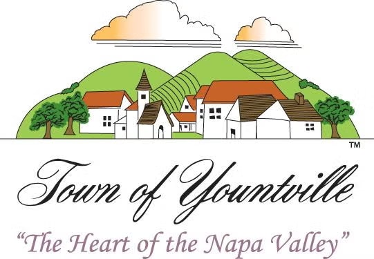 Illustration of Yountville with houses and hills, labeled "Town of Yountville" and "The Heart of the Napa Valley."